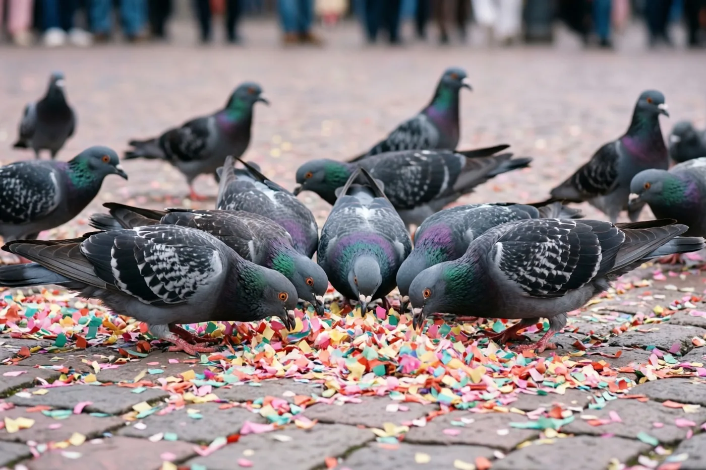 Een groep duiven pikt naar dikke hopen kleurrijke confetti op een kasseiplein, met wazige mensen op de achtergrond.