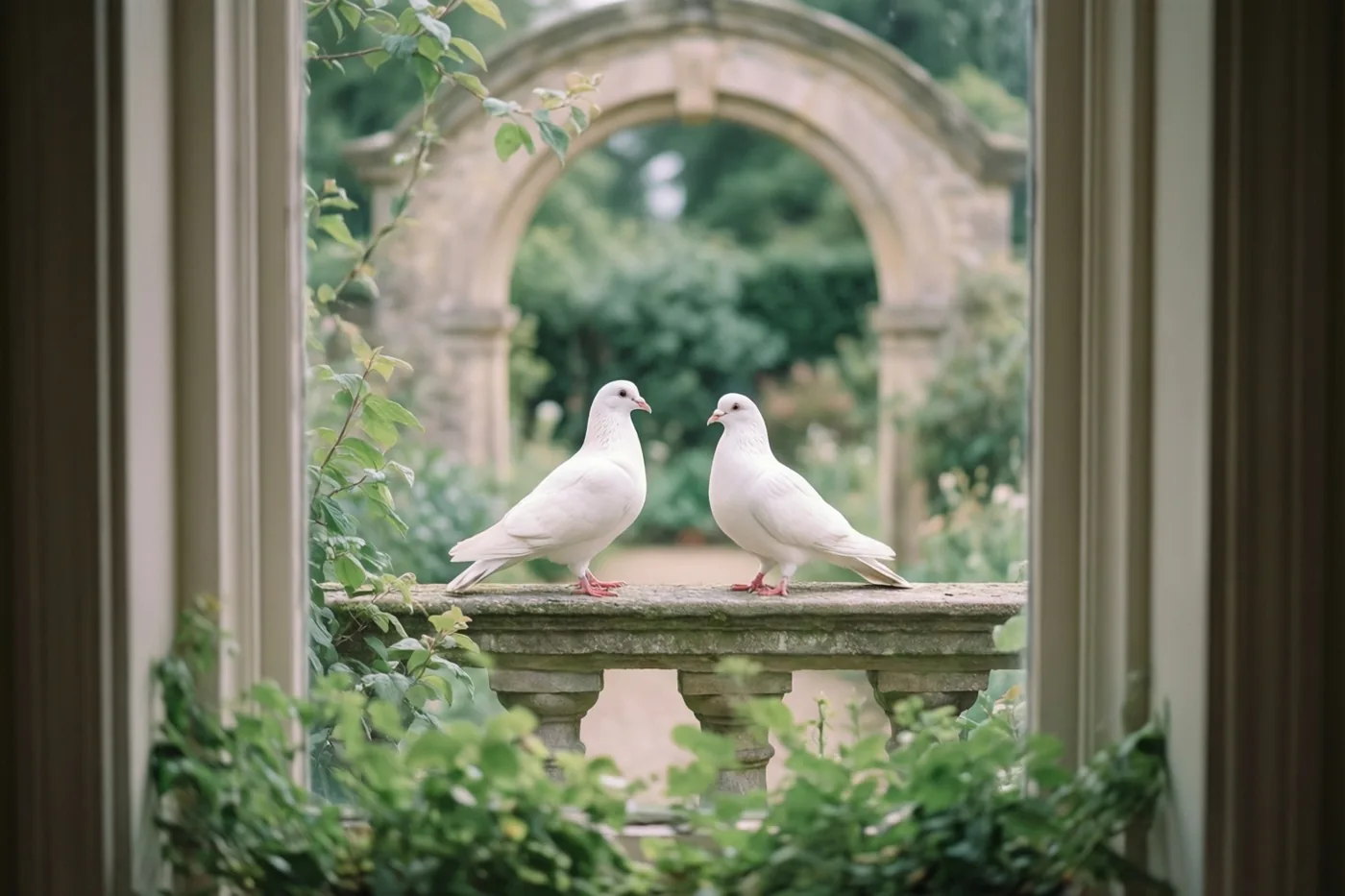 Door een raam zijn twee witte duiven op een stenen balustrade in een groene tuin te zien, met een stenen boog op de achtergrond.