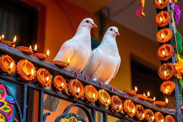 Witte duiven in Diwali-gloed