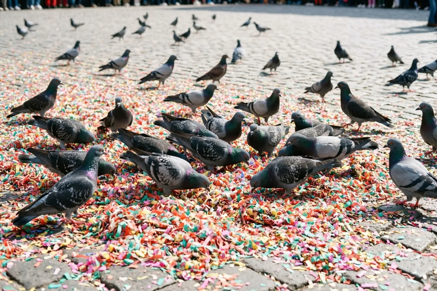 Een groep duiven pikt bij daglicht naar dikke hopen kleurrijke confetti op een kasseiplein.