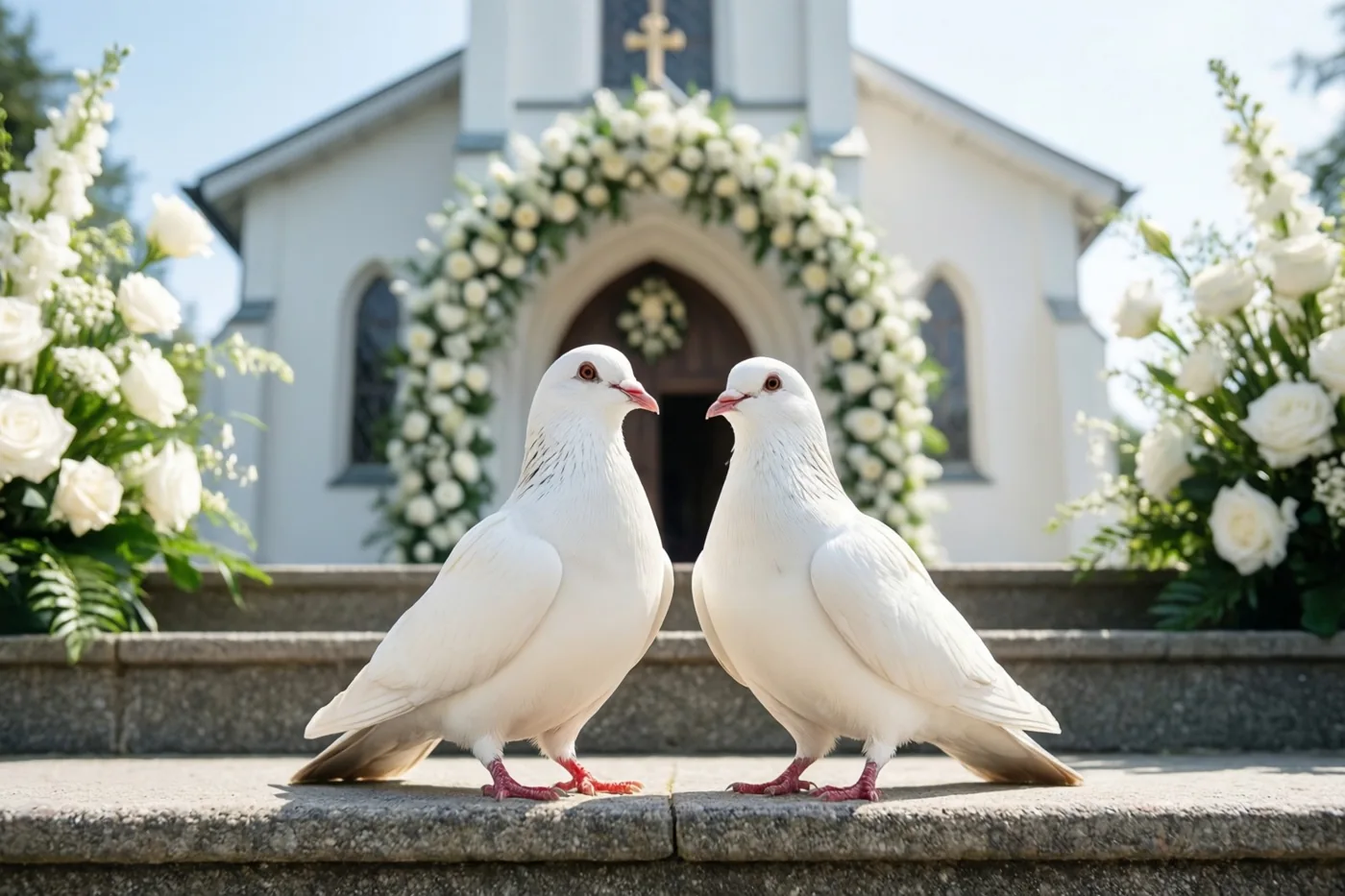 Twee witte duiven staan op stenen trappen voor een witte kerk die met witte bloemstukken is versierd.