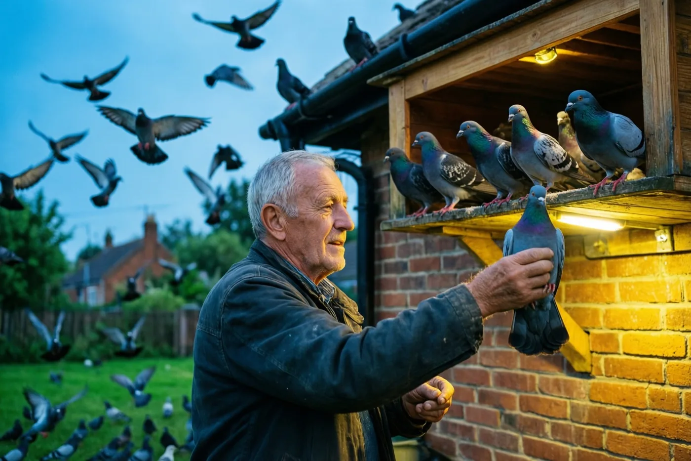Een oudere man houdt voorzichtig een reisduif vast voor een houten duivenhok aan een bakstenen huis, met andere duiven op het hok en in de blauwe avondlucht en warm licht vanuit het hok.