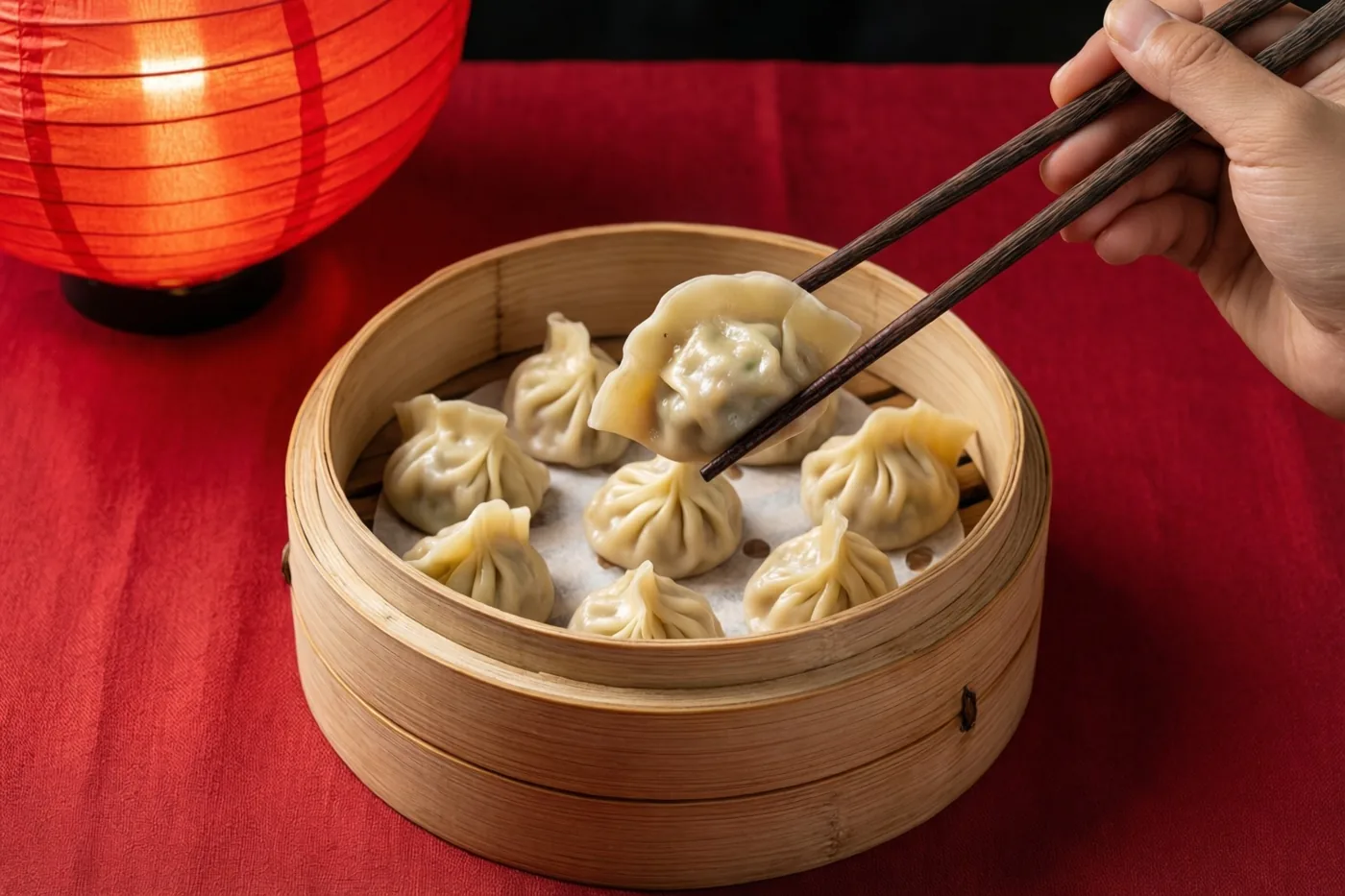 Een hand tilt met eetstokjes een gestoomde dumpling uit een bamboe stoommandje op een rood tafelkleed, met een brandende rode papieren lantaarn op de achtergrond.