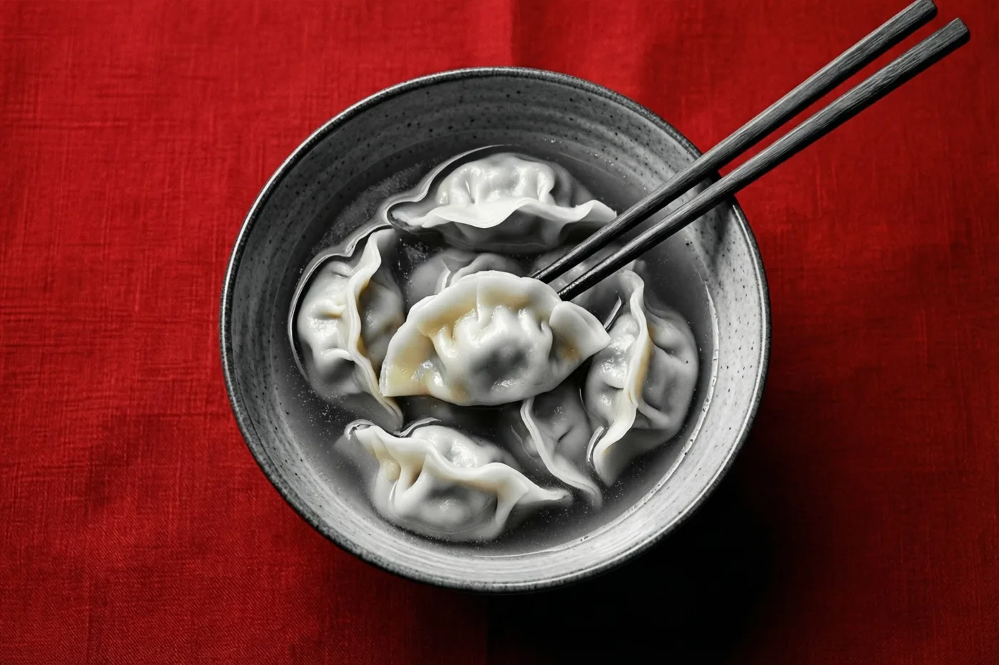 Een kom dumplings in bouillon met eetstokjes op de rand staat op een rood tafelkleed met textuur, waarbij alleen het tafelkleed in kleur is weergegeven.