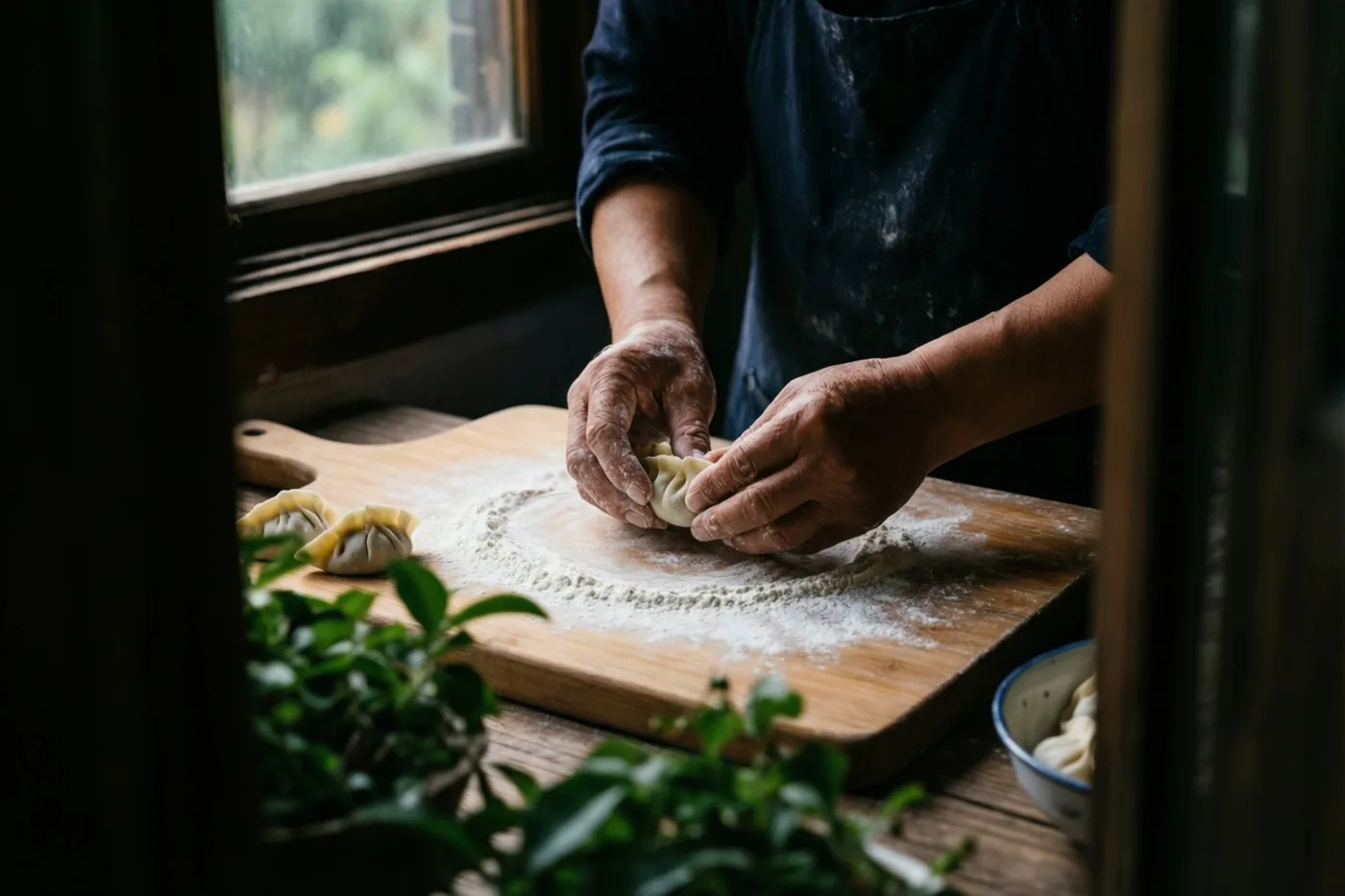 Handen vouwen dumplings op een bebloemde houten snijplank bij een raam, in warm daglicht en met groen op de voorgrond.