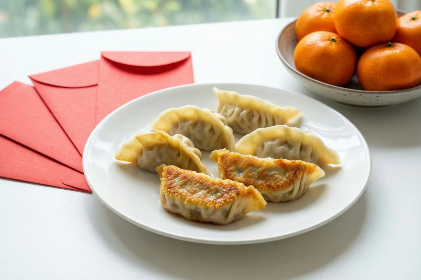 Een wit bord gebakken dumplings met goudbruine krokante onderkanten staat naast rode enveloppen en een kom mandarijnen op een witte tafel, met daglicht van een raam.