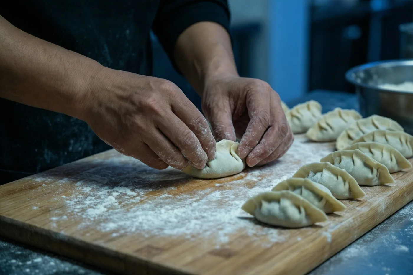 Handen vouwen dumplings op een met bloem bestoven houten snijplank in een keuken met een gedempt blauwe achtergrond.