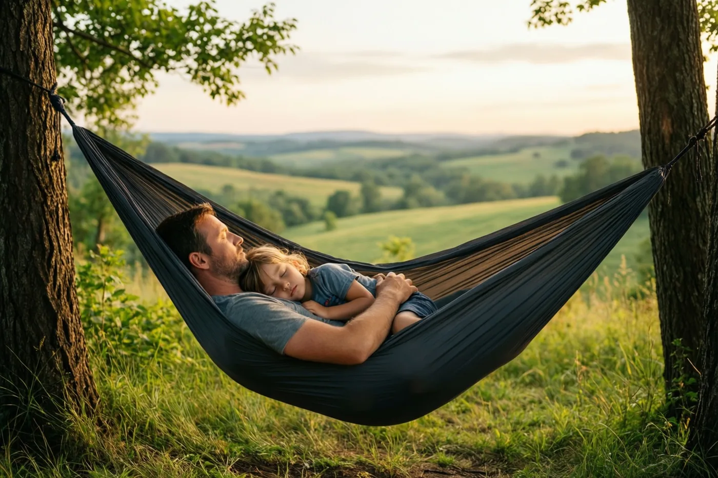 Een vader en kind doen een dutje in een donkere hangmat tussen twee bomen, met uitzicht op een glooiend groen landschap bij zonsondergang.