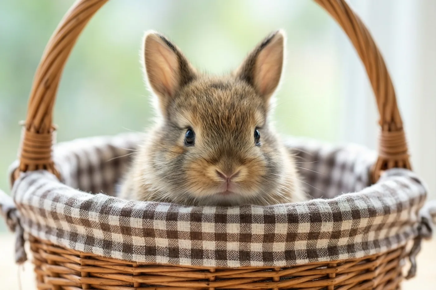 Een klein bruin dwergkonijn met rechtopstaande oren kijkt uit een rieten mand met een bruin-wit geruite doek, tegen een zacht verlichte onscherpe groen-witte achtergrond.