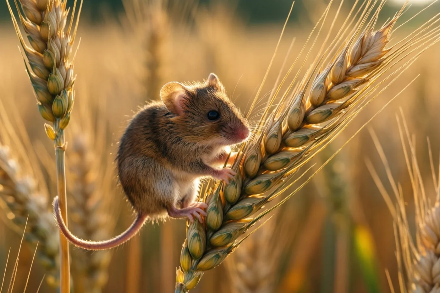 Een kleine dwergmuis klemt zich vast aan een goudkleurige tarwestengel in een veld, in warm avondlicht met gouden, bruine en zachtbeige tinten.