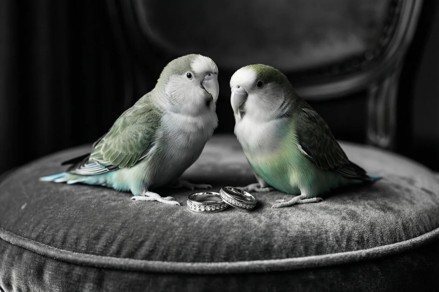 Twee groen-witte dwergpapegaaien zitten tegenover elkaar op een donkergrijs fluwelen kussen met twee zilveren trouwringen tussen hen, voor een donkere onscherpe achtergrond.