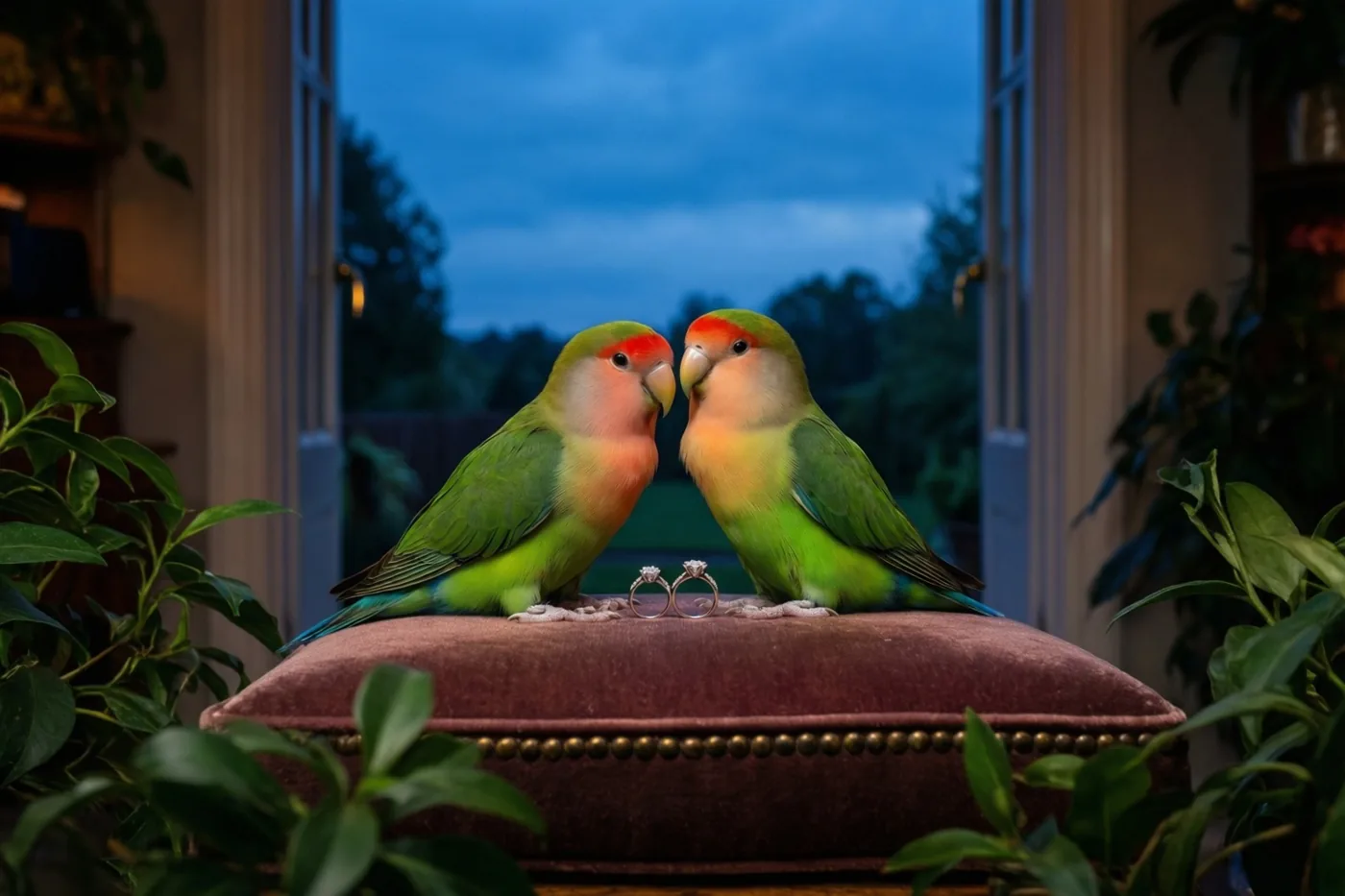 Twee groen-roze dwergpapegaaien zitten tegenover elkaar op een bordeauxrood fluwelen kussen met twee trouwringen ertussen, bij een raam met een schemerblauwe lucht buiten en groen gebladerte rondom.