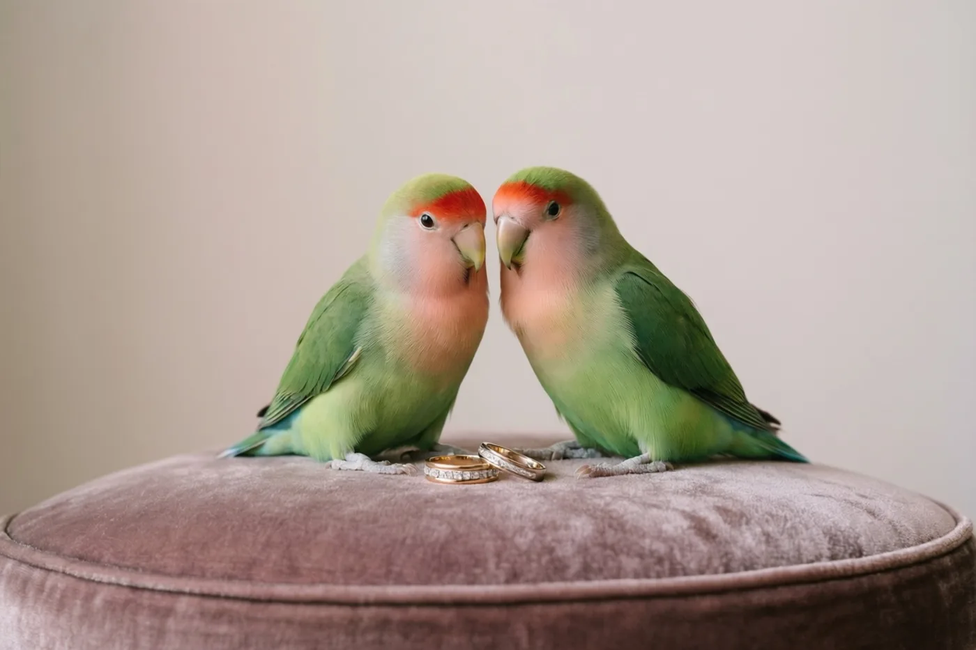 Twee groene dwergpapegaaien met roze borst en rood voorhoofd zitten tegenover elkaar op een oudroze fluwelen kussen met twee trouwringen ertussen, tegen een gebroken witte achtergrond.
