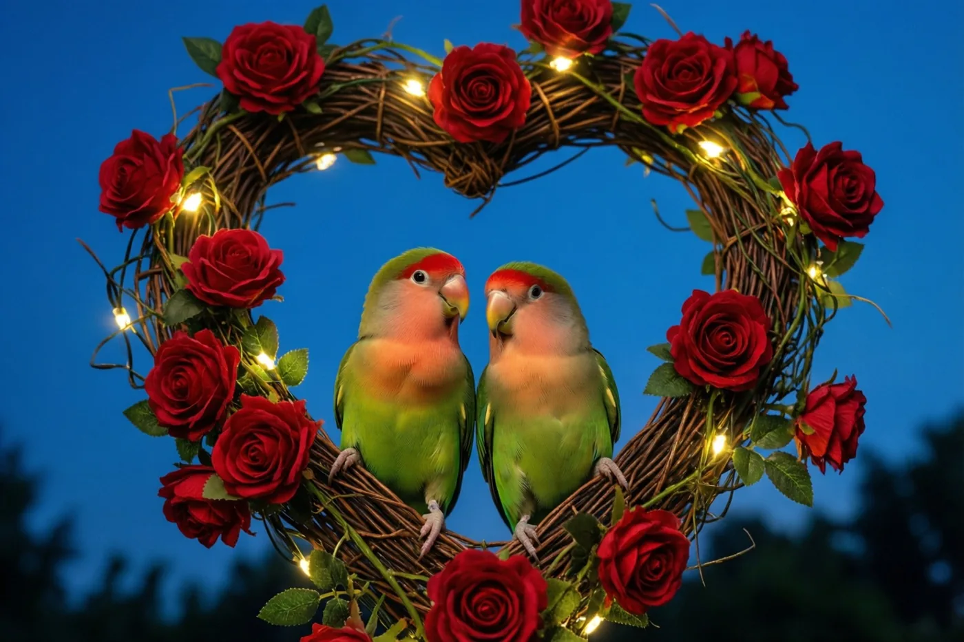 Twee groene dwergpapegaaien met rode voorhoofden zitten op een hartvormig rieten kader met rode rozen en een lichtsnoer, tegen een diepblauwe schemerlucht.