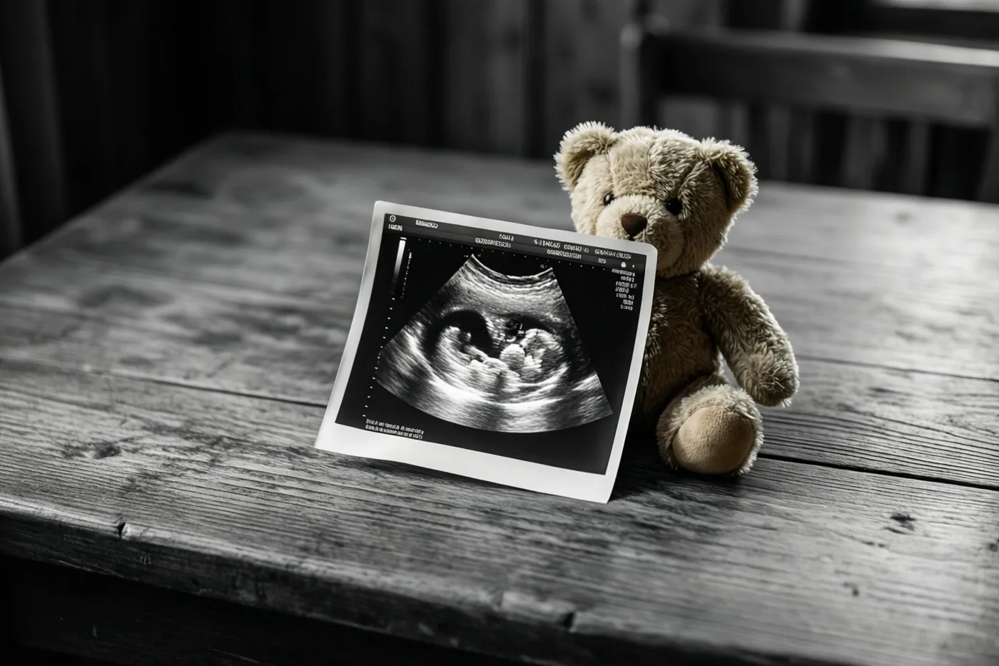 Een kleine echofoto staat tegen een teddybeer op een rustieke houten tafel op een zwart-witfoto.