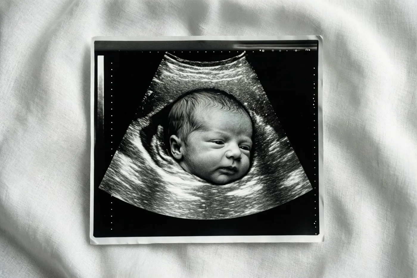 Een zwart-witte echofoto van een babygezicht ligt op zacht wit linnen, met een korrelige structuur en een driehoekig beeldkader rond het hoofdje.