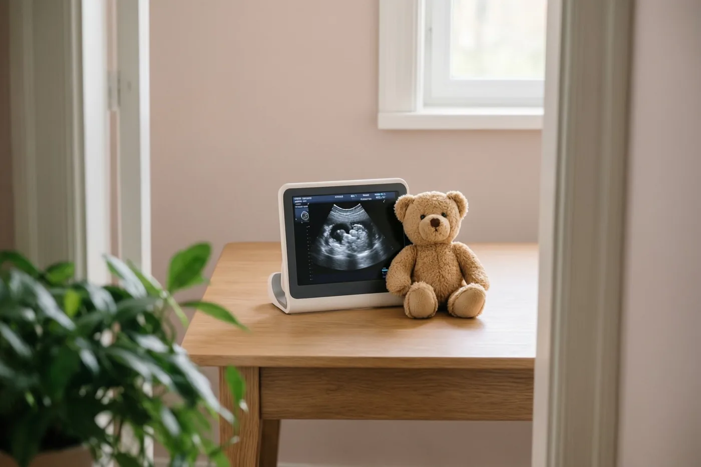 Een kleine echofoto leunt tegen een bruine teddybeer op een houten tafel in een zacht verlichte kamer met een raam en een groene plant op de voorgrond.