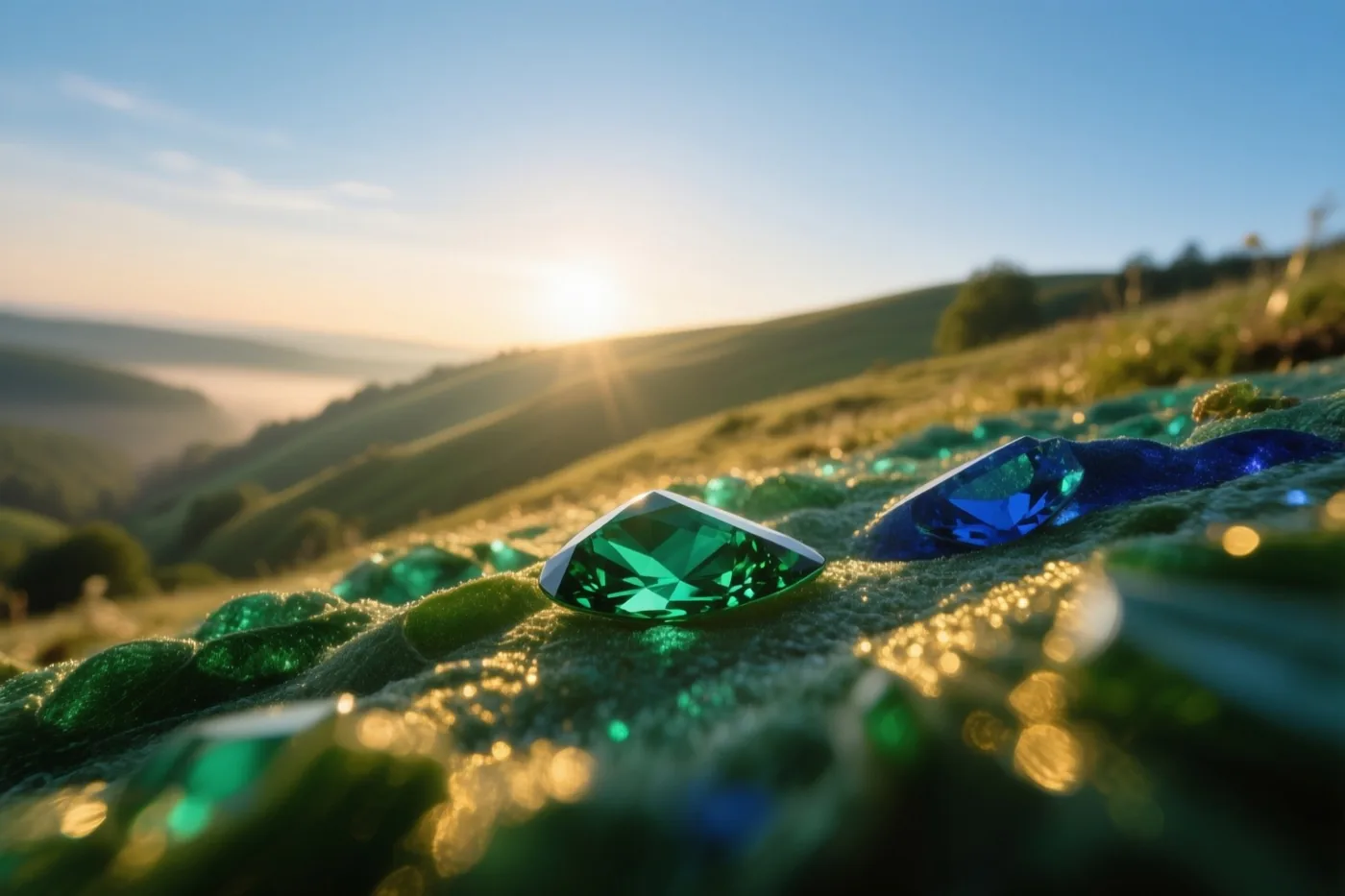 Groene en blauwe edelstenen liggen op bedauwd gras, met een opkomende zon boven glooiende heuvels op de achtergrond.