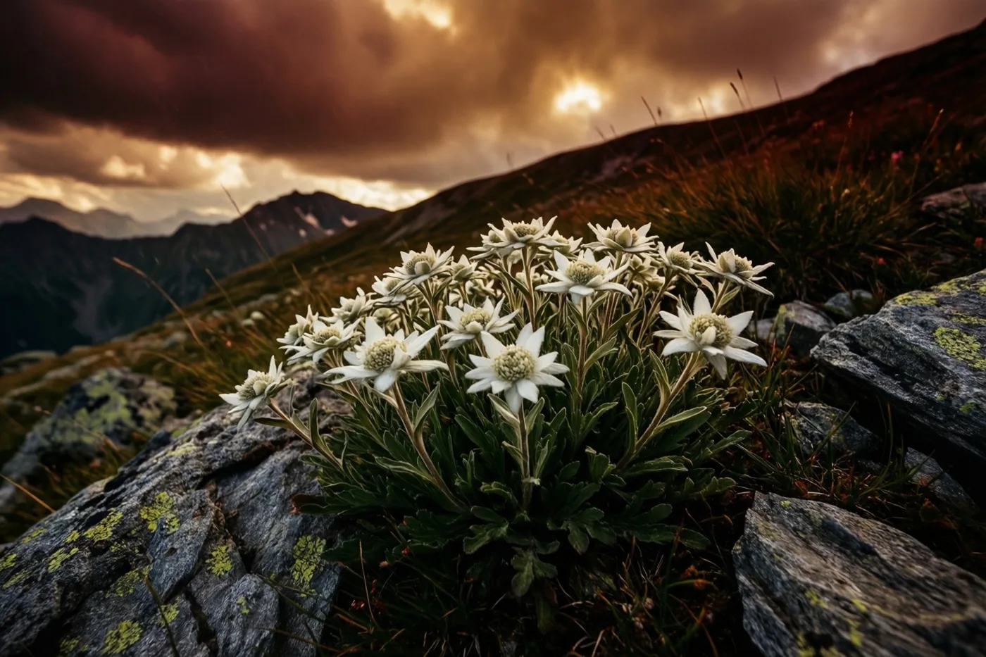 Witte edelweiss groeit tussen grijze rotsen op een berghelling onder een stormachtige lucht waar warm, goudkleurig licht door de wolken breekt.