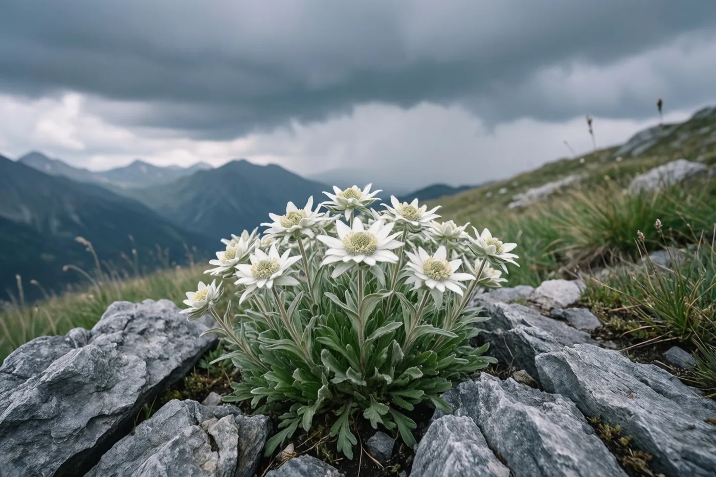 Witte edelweiss groeit tussen grijze rotsen op een berghelling onder een zwaarbewolkte, stormachtige lucht, met bergen in de verte.