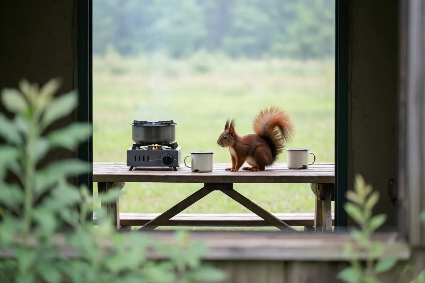Een rode eekhoorn staat op een houten picknicktafel naast een campingvuurtje met een dampende pot en twee emaille mokken, gezien door een raam met onscherp groen op de voorgrond.