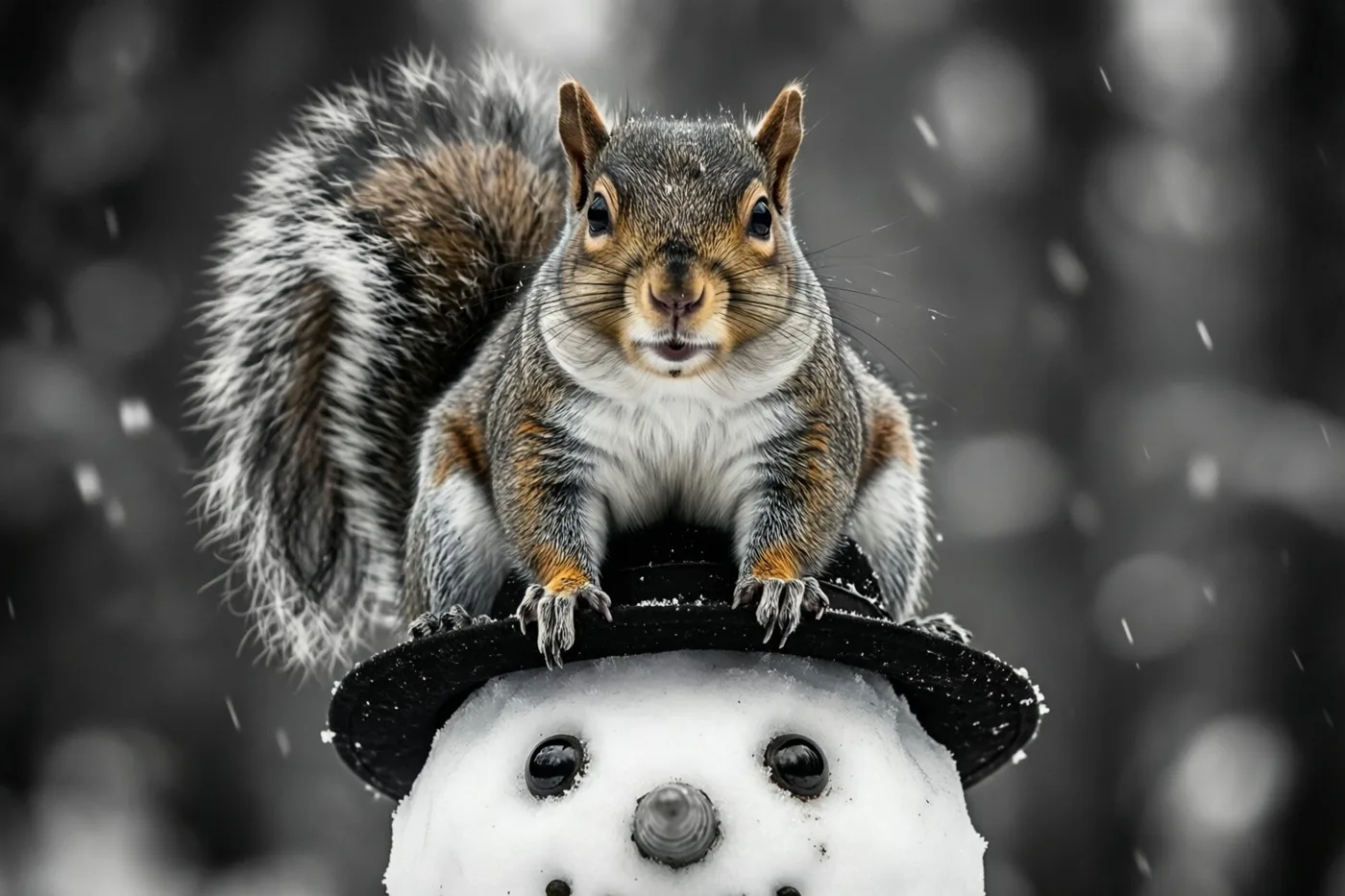 Een eekhoorn met bolle wangen zit boven op een sneeuwman met een zwarte hoge hoed, in een grotendeels monochroom sneeuwbeeld met kleuraccenten.