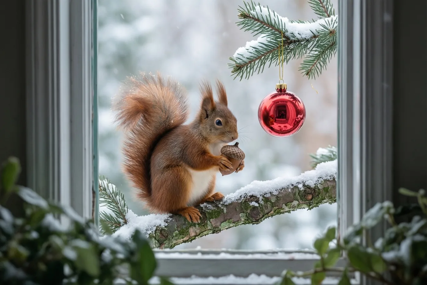 Door een raam is een rode eekhoorn met een eikel op een besneeuwde tak te zien naast een hangende rode kerstbal, voor een onscherpe winterachtergrond.