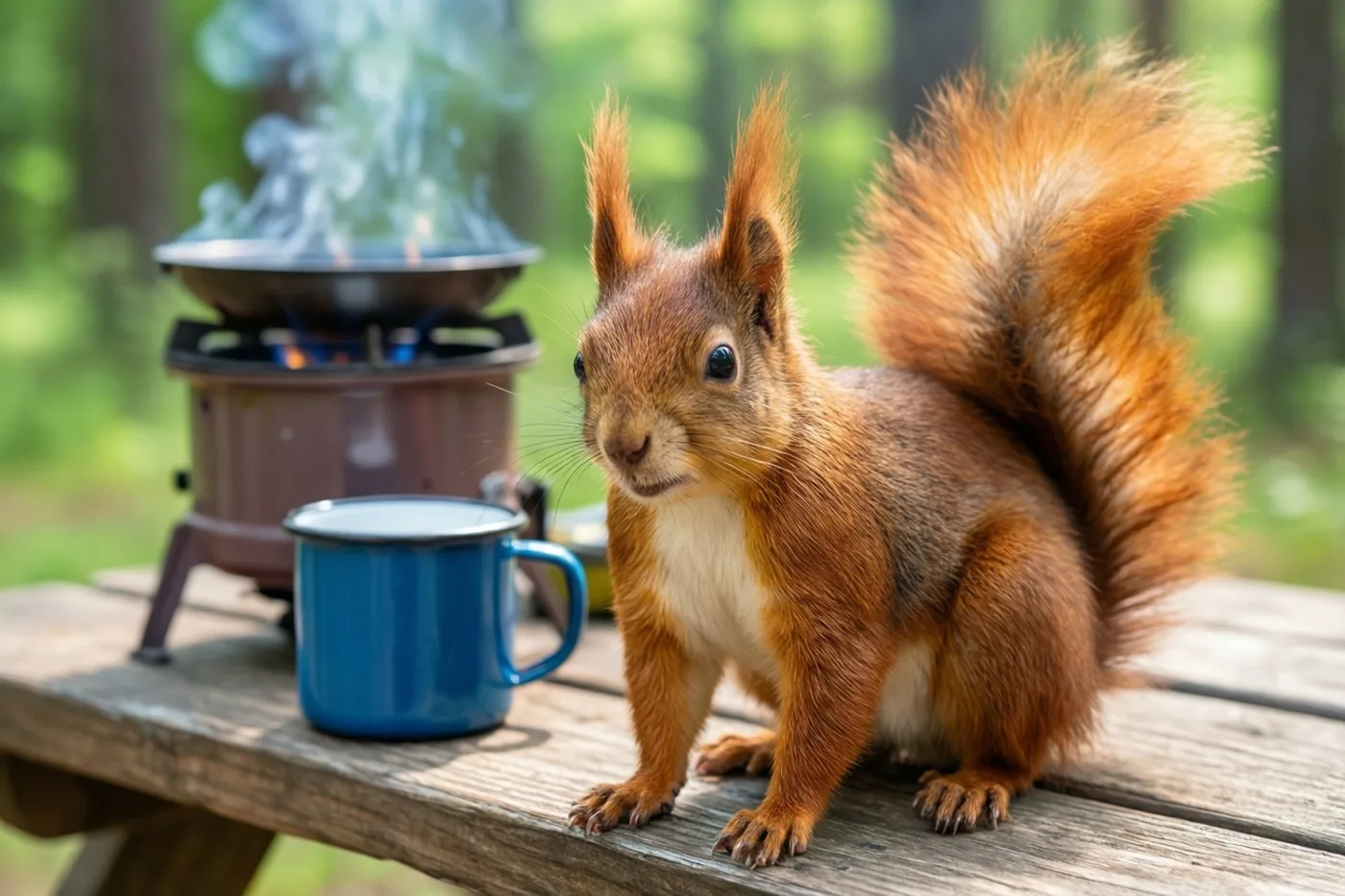 Een rode eekhoorn met een pluimstaart zit op een houten picknicktafel naast een campingvuurtje en een blauwe emaille mok, met groen bos op de achtergrond.