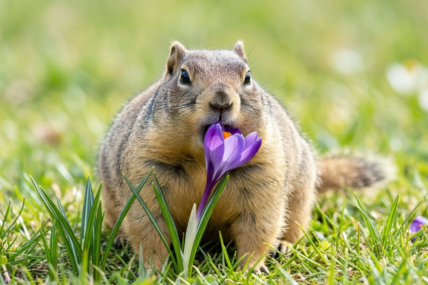 Een eekhoorn zit op een groen lentegazon met een paarse krokus in zijn bek.