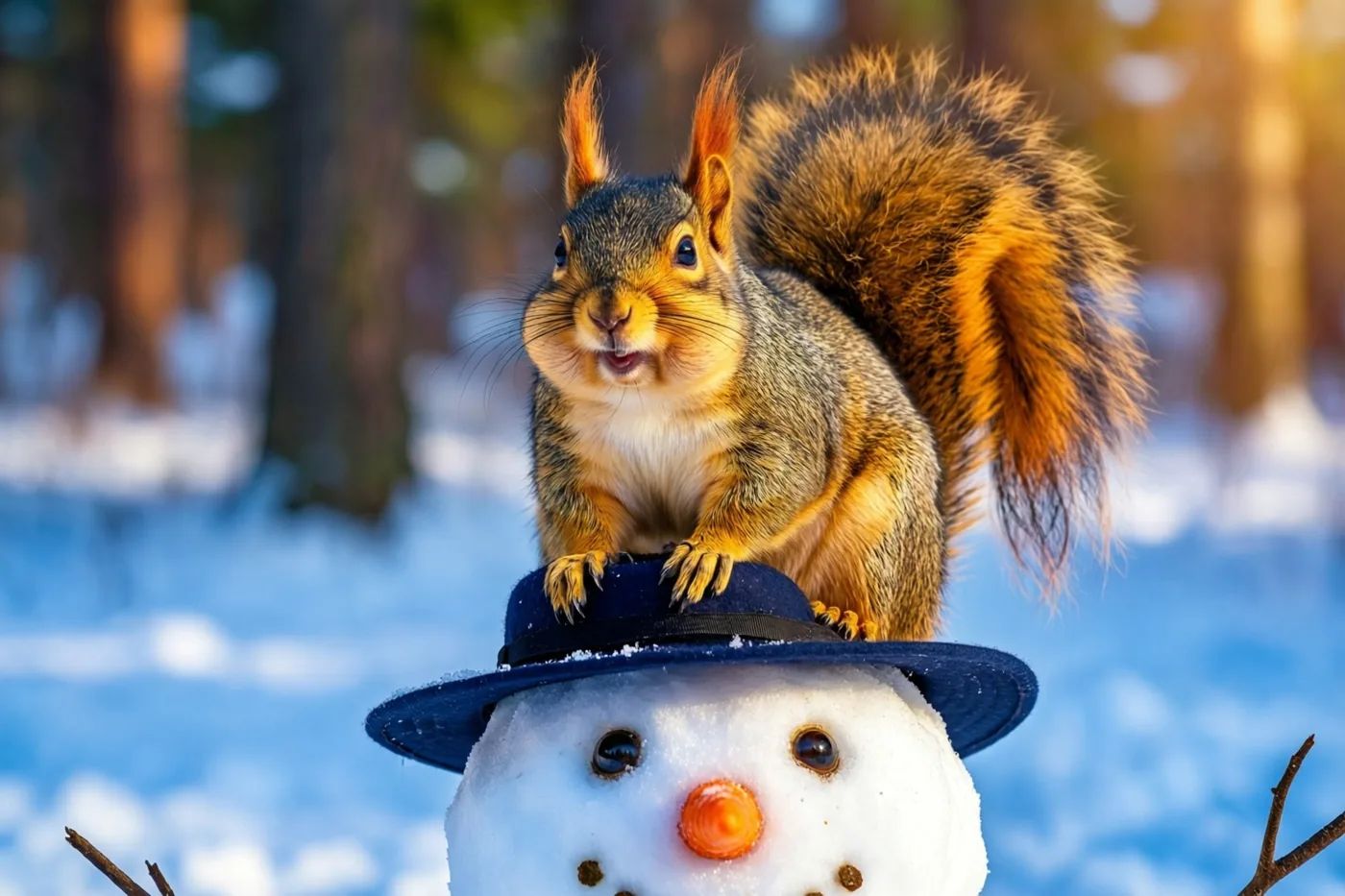 Een eekhoorn met bolle wangen zit op de hoed van een sneeuwman in een besneeuwd bos.