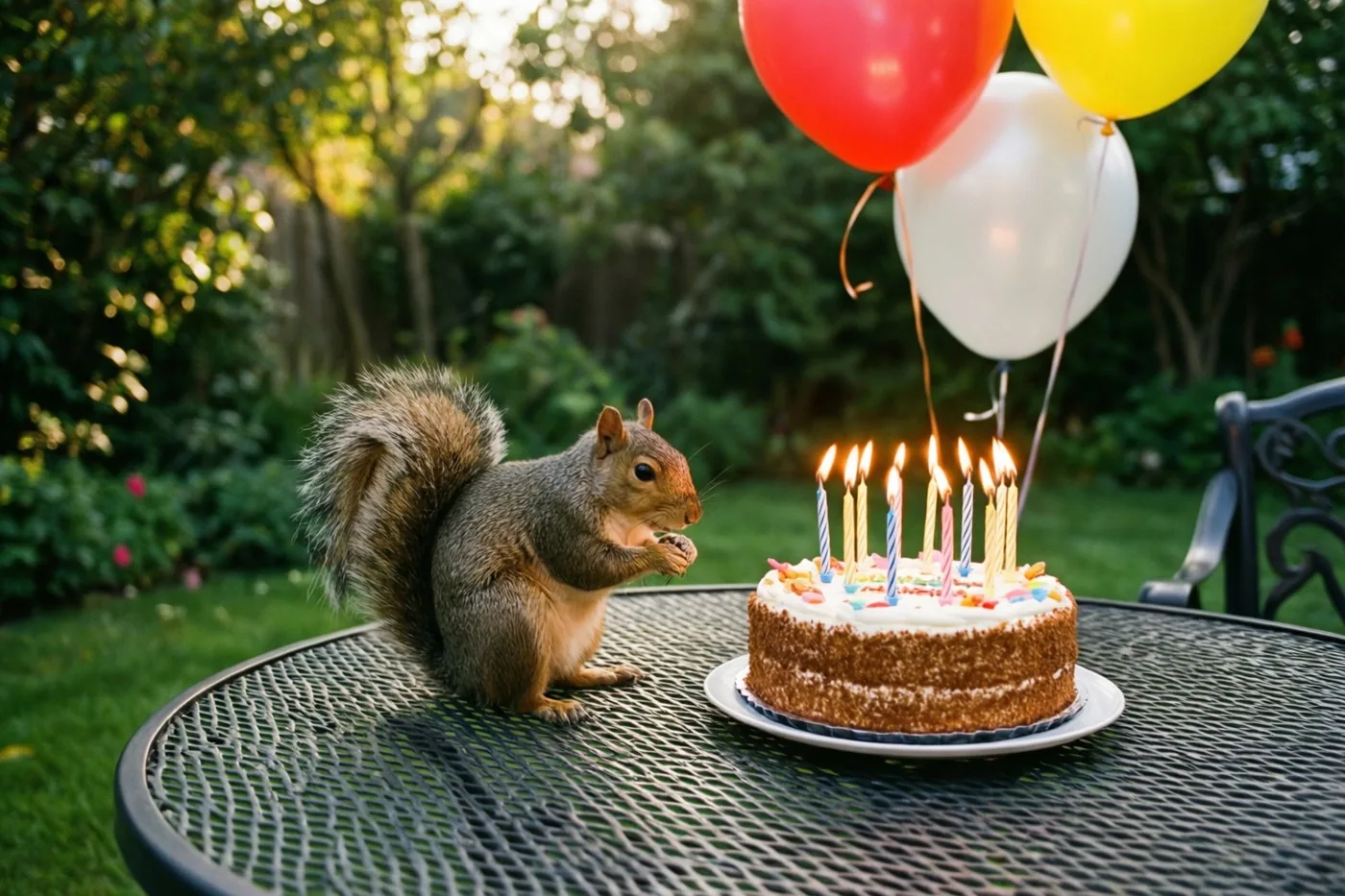 Een eekhoorn zit op een metalen tuintafel naast een verjaardagstaart met brandende kaarsjes en kleurrijke ballonnen, in een zonnige tuin met groen op de achtergrond.