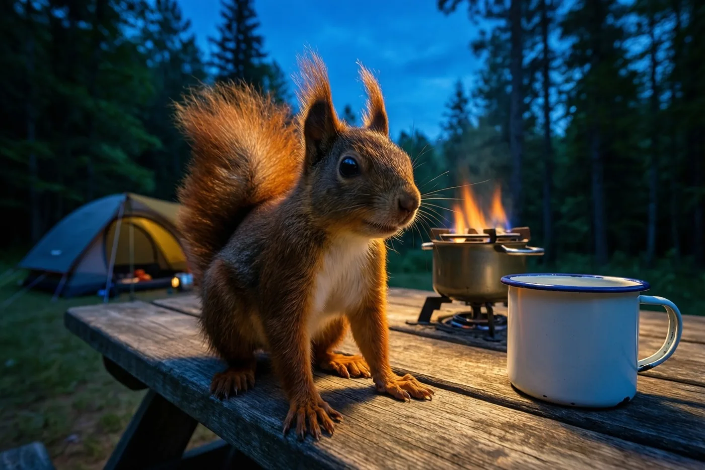 Een rode eekhoorn zit bij schemering op een houten picknicktafel op een kampeerplek in het bos, naast een campingvuurtje met een pot en een emaille mok, met een tent op de achtergrond.