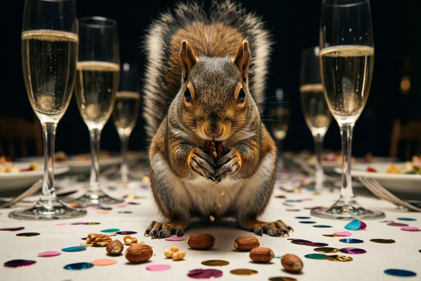 Een eekhoorn eet een noot op een wit tafelkleed met kleurrijke confetti, omringd door champagneglazen.