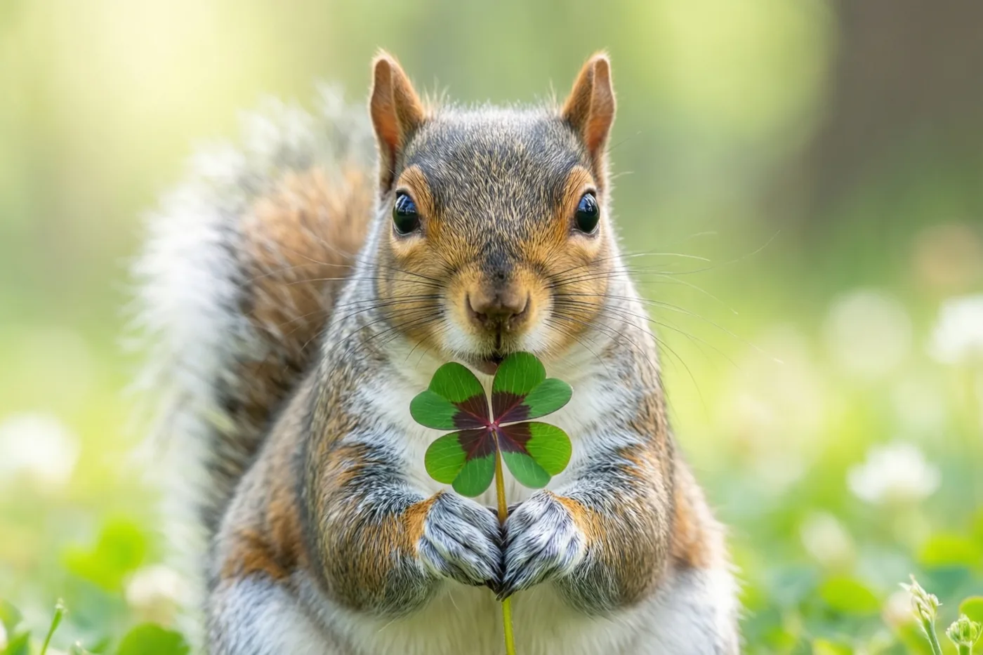 Een grijsbruine eekhoorn houdt een klavertjevier in zijn pootjes en kijkt naar de camera, tegen een wazig groen veld met witte bloemen.