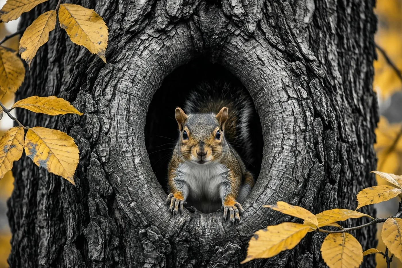 Een jonge eekhoorn kijkt uit een donkere boomholte in een bos, omringd door goudkleurige herfstbladeren.