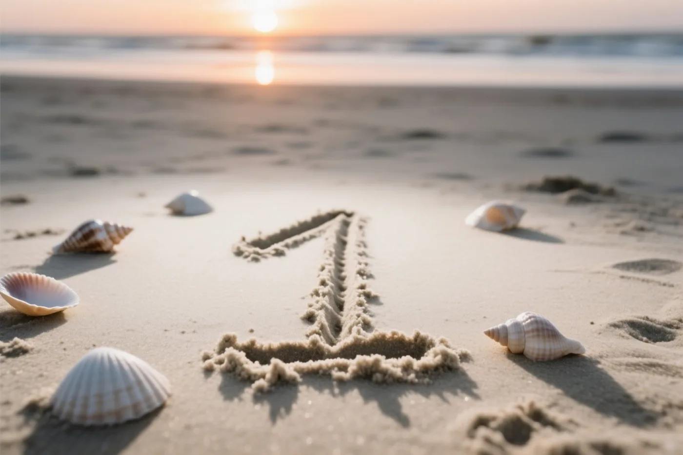 Het cijfer 1 staat in het strandzand tussen schelpen, verlicht door de oranje en gouden tinten van de ondergaande zon.