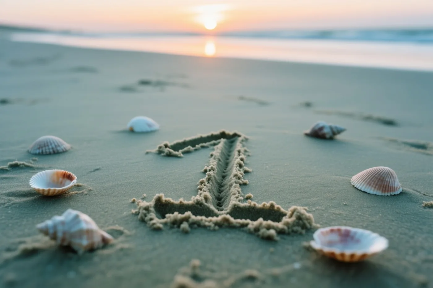 Het cijfer 1 is in het strandzand getekend tussen schelpen, met een kalme zee op de achtergrond bij zonsondergang.