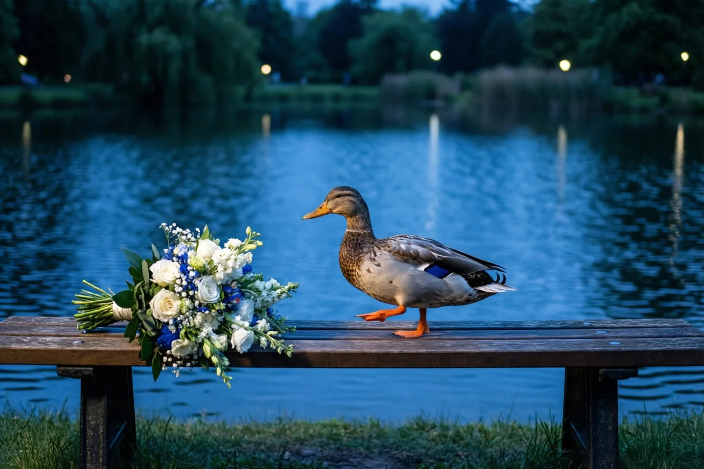 Een eend staat op een houten bank naast een boeket, met een kalme vijver en bomen in het avondlicht op de achtergrond.