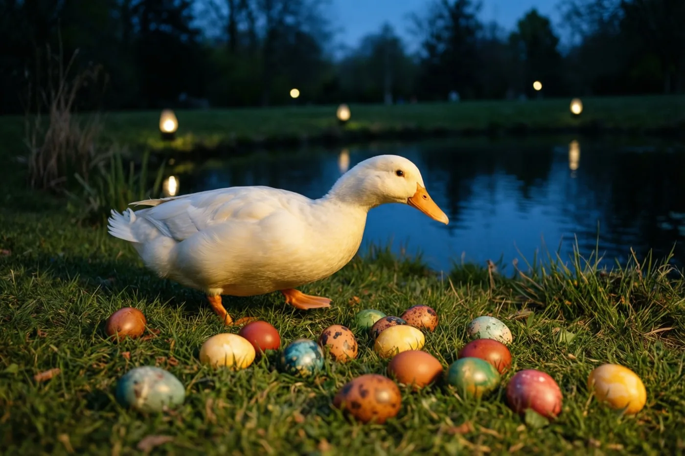 Een witte eend staat in de schemering op het gras naast een rustige vijver, omringd door talrijke kleurrijke paaseieren.