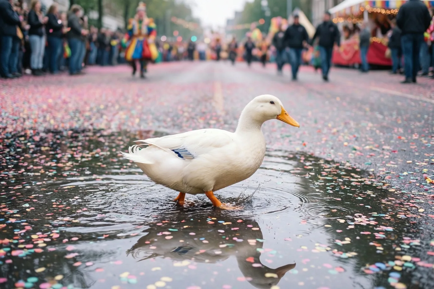 Een witte eend waggelt door een straatplas met drijvende kleurrijke confetti na een carnavalsstoet, met wazige toeschouwers en deelnemers op de achtergrond.