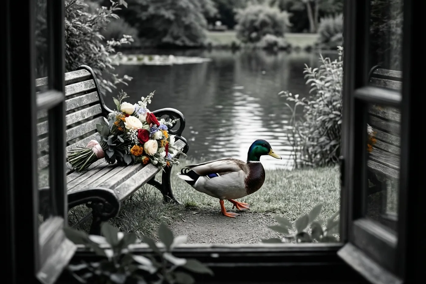 Door een raam is een wilde woerd te zien die langs een houten bank met een kleurrijk boeket bij een vijver waggelt, waarbij alleen de eend en de bloemen in kleur zijn.