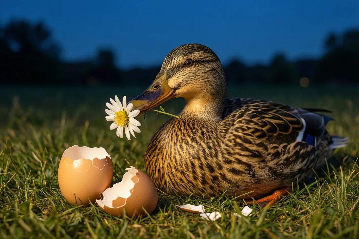 Een eend met een madeliefje in haar snavel zit op het gras naast gebroken eierschalen onder een schemerende hemel.