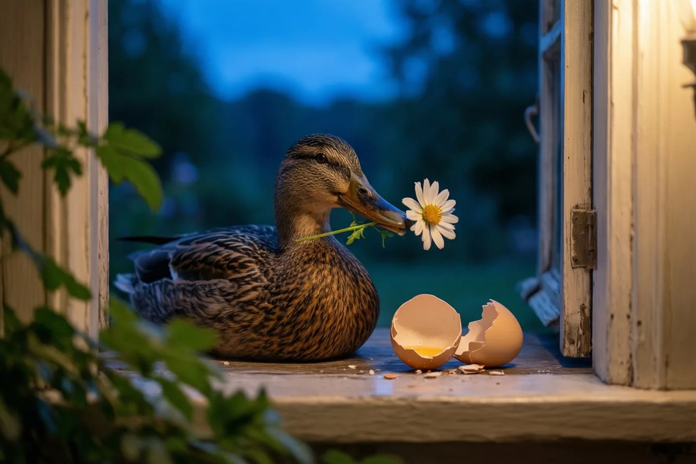 Een bruingevlekte eend zit bij schemering op een houten vensterbank met een wit madeliefje in haar snavel en een gebroken eierschaal naast zich.