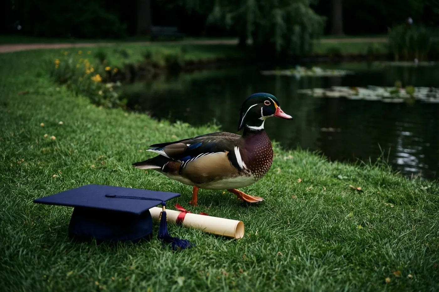 Een mannelijke eend staat op groen gras naast een blauwe afstudeerhoed en een opgerold diploma, bij een vijver met bomen op de achtergrond.