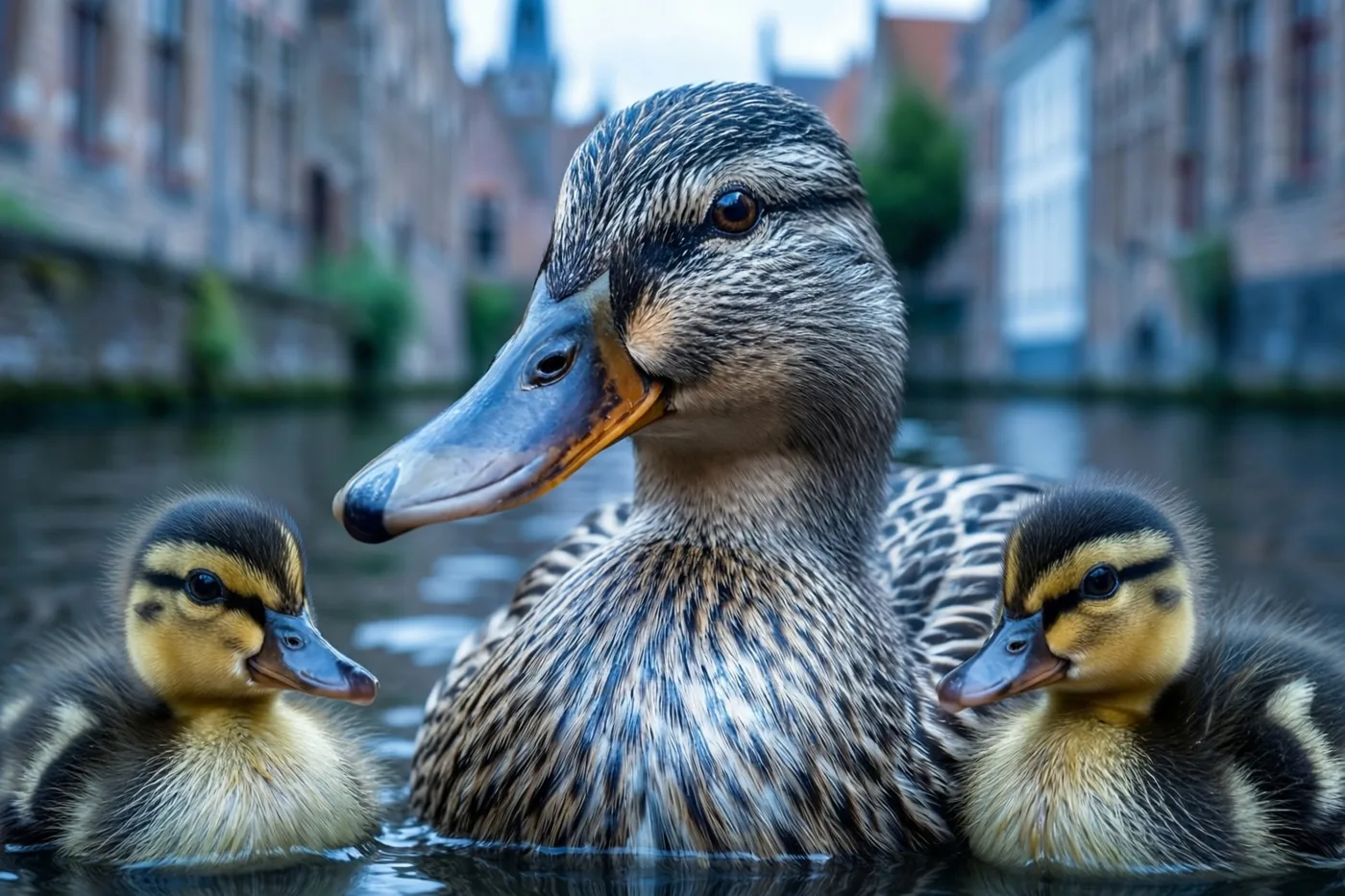 Een moedereend zwemt met twee eendenkuikens in een kanaal, met oude Vlaamse stadsgebouwen op de achtergrond.