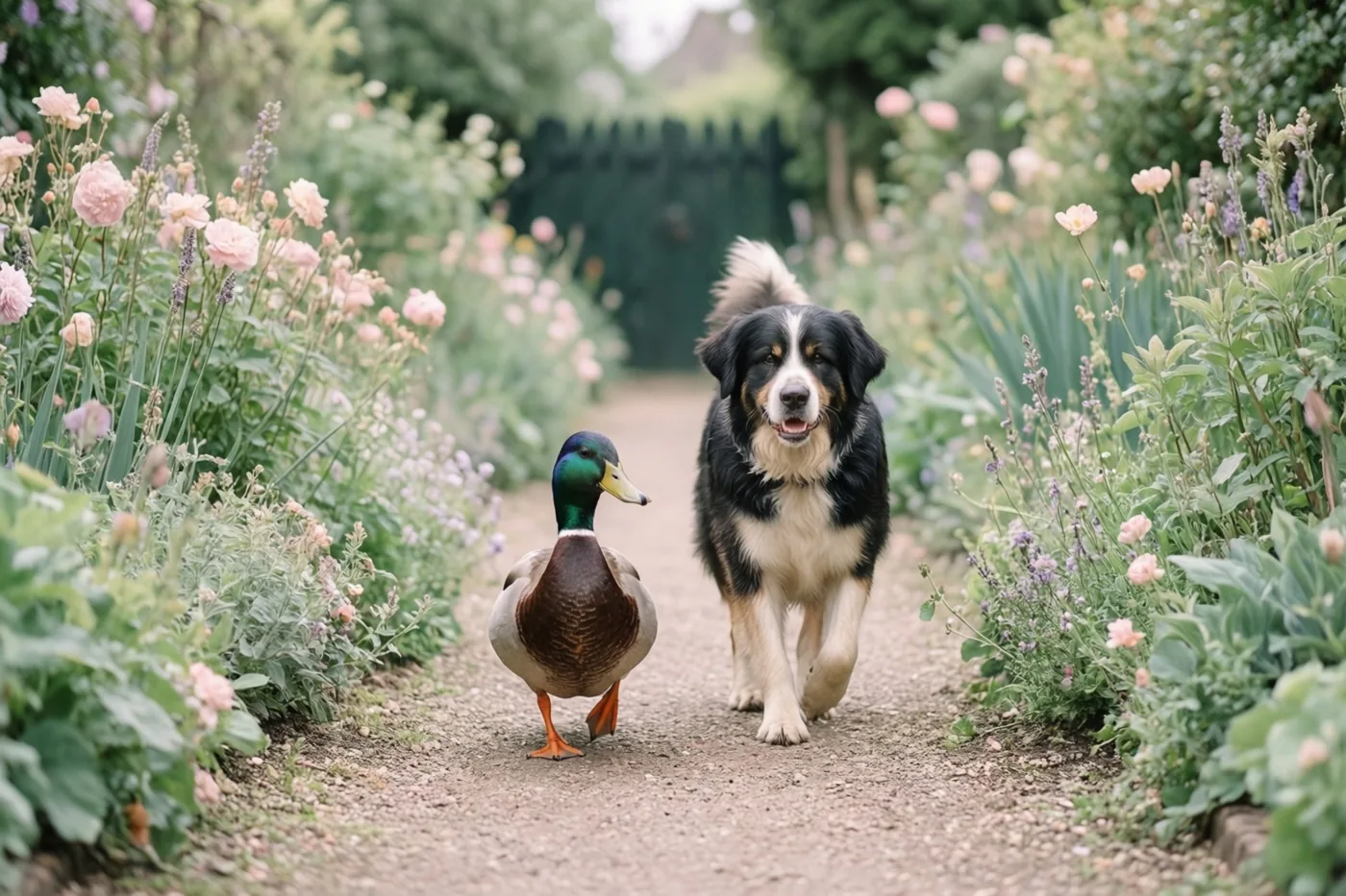 Een mannetjeseend wandelt naast een zwart-witte hond over een grindpad met roze en paarse bloemen in een groene tuin.