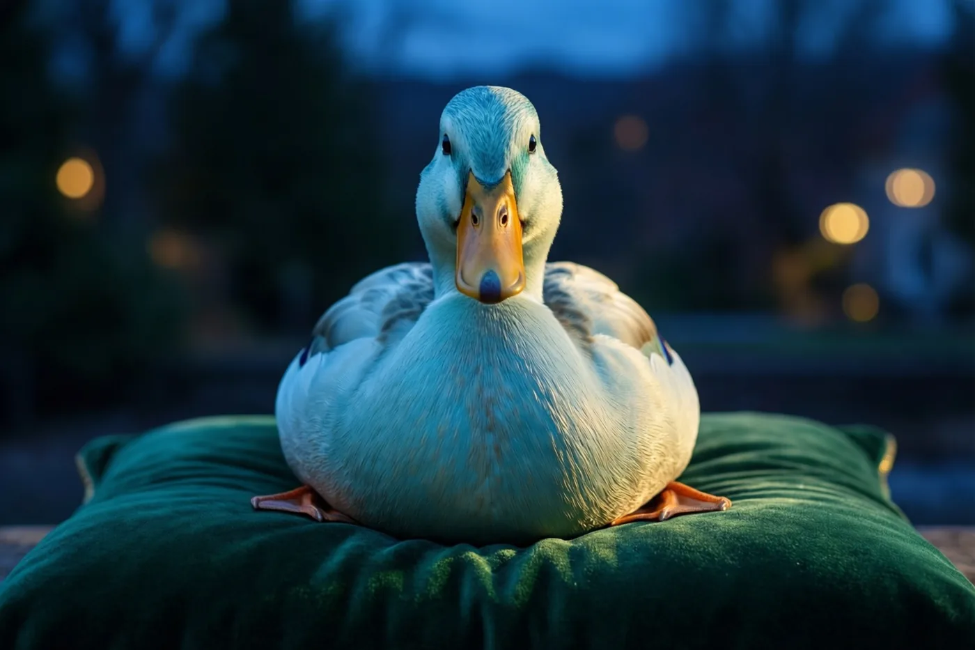 Een eend zit rechtop op een groen fluwelen kussen, in zacht zijlicht tegen een onscherpe blauwe achtergrond met lichtvlekken.
