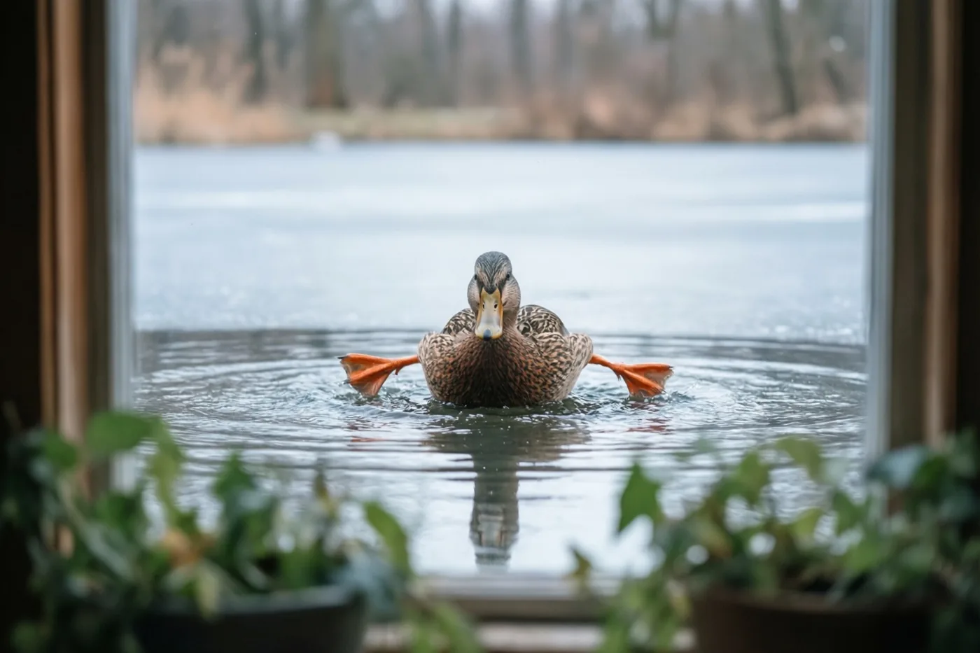 Door een raam met kamerplanten op de voorgrond is een eend met wijd gespreide oranje poten te zien op een gedeeltelijk bevroren vijver.