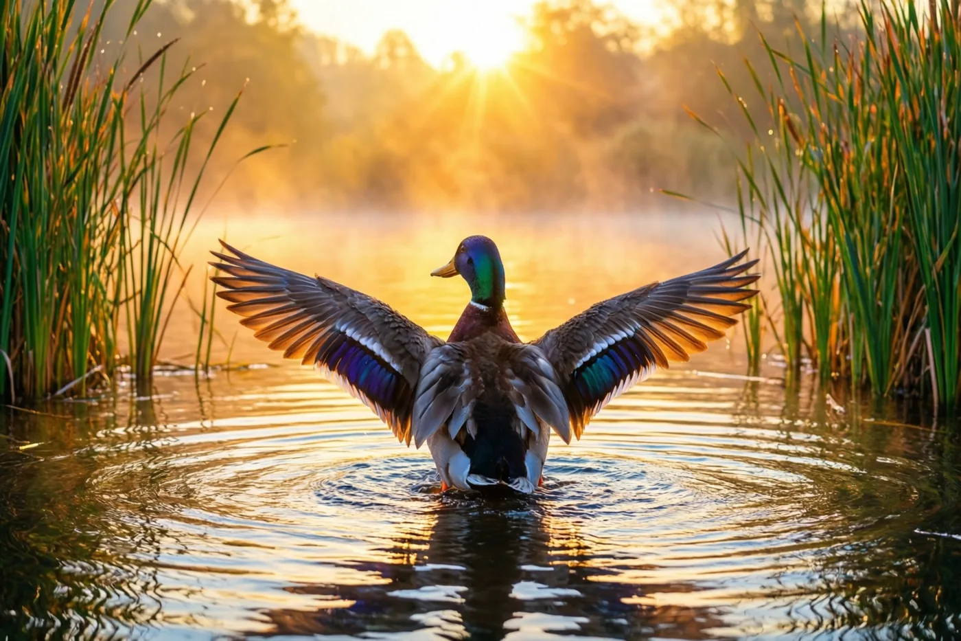 Een mannelijke wilde eend staat met zijn rug naar de camera en gespreide vleugels in een mistige vijver, met gouden zonlicht door het riet aan weerszijden.