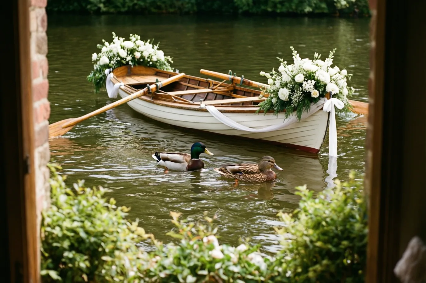 Door een opening met een houten omlijsting is een roeiboot met witte bloemstukken en linten op rustig water te zien, met twee eenden op de voorgrond.
